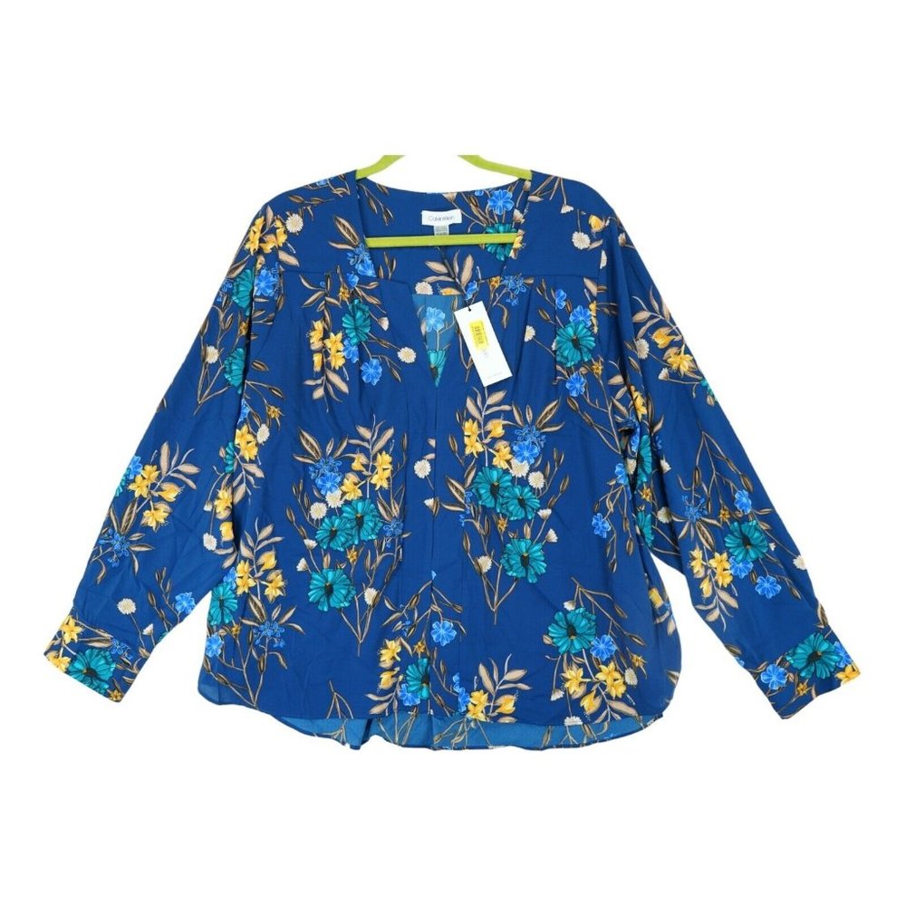 NWT Calvin Klein Itai Pleat Shoulder Detail Blouse Floral Print Long Sleeve 1X